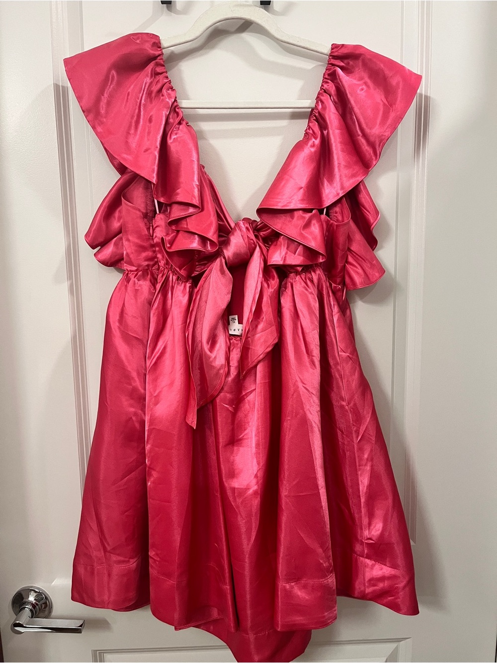 Women's Pink Satin Mini Dress with Ruffle Sleeves - Picture 3 of 8